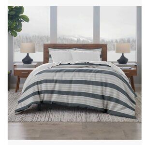 Ella Jane 100% French Linen Luxury White Gray Striped QUEEN Duvet Cover Set 3pc